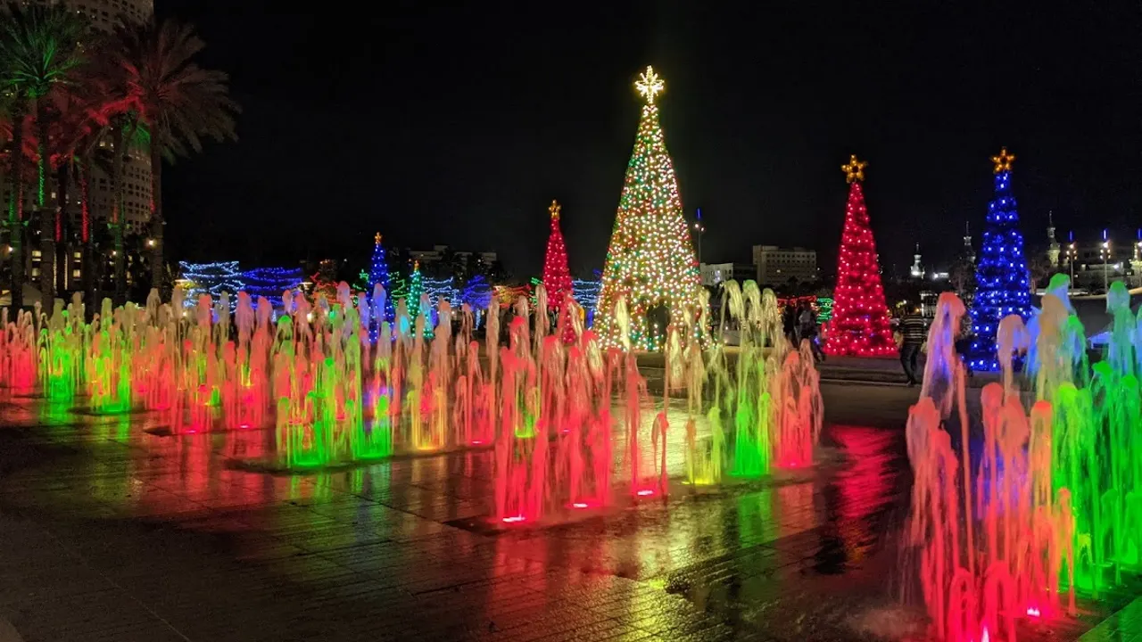 Tampa Riverwalk Christmas holiday lights at night